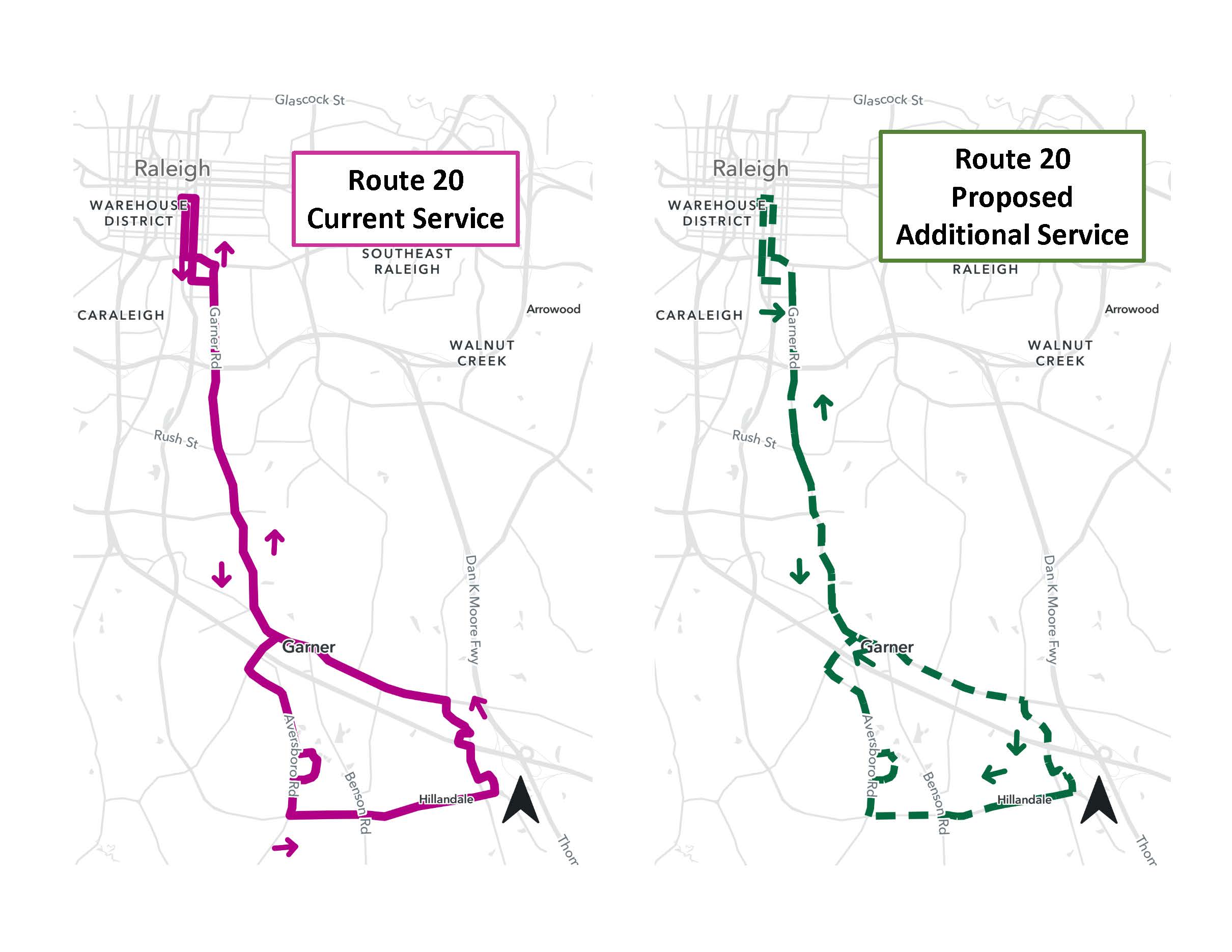 Current Map of Garner Route and Proposed Map with Bidirectional Service
