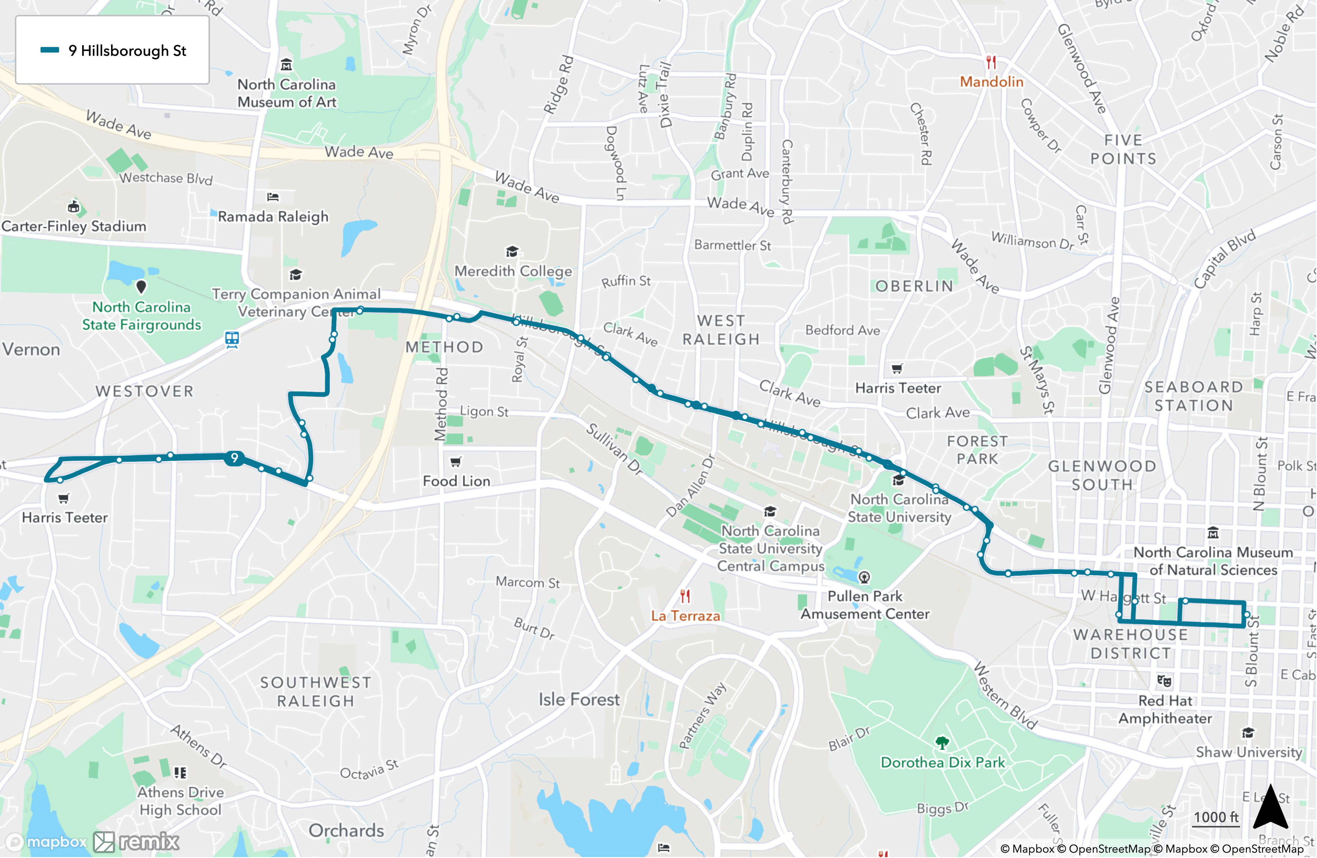 GoRaleigh Map Showing Route 9