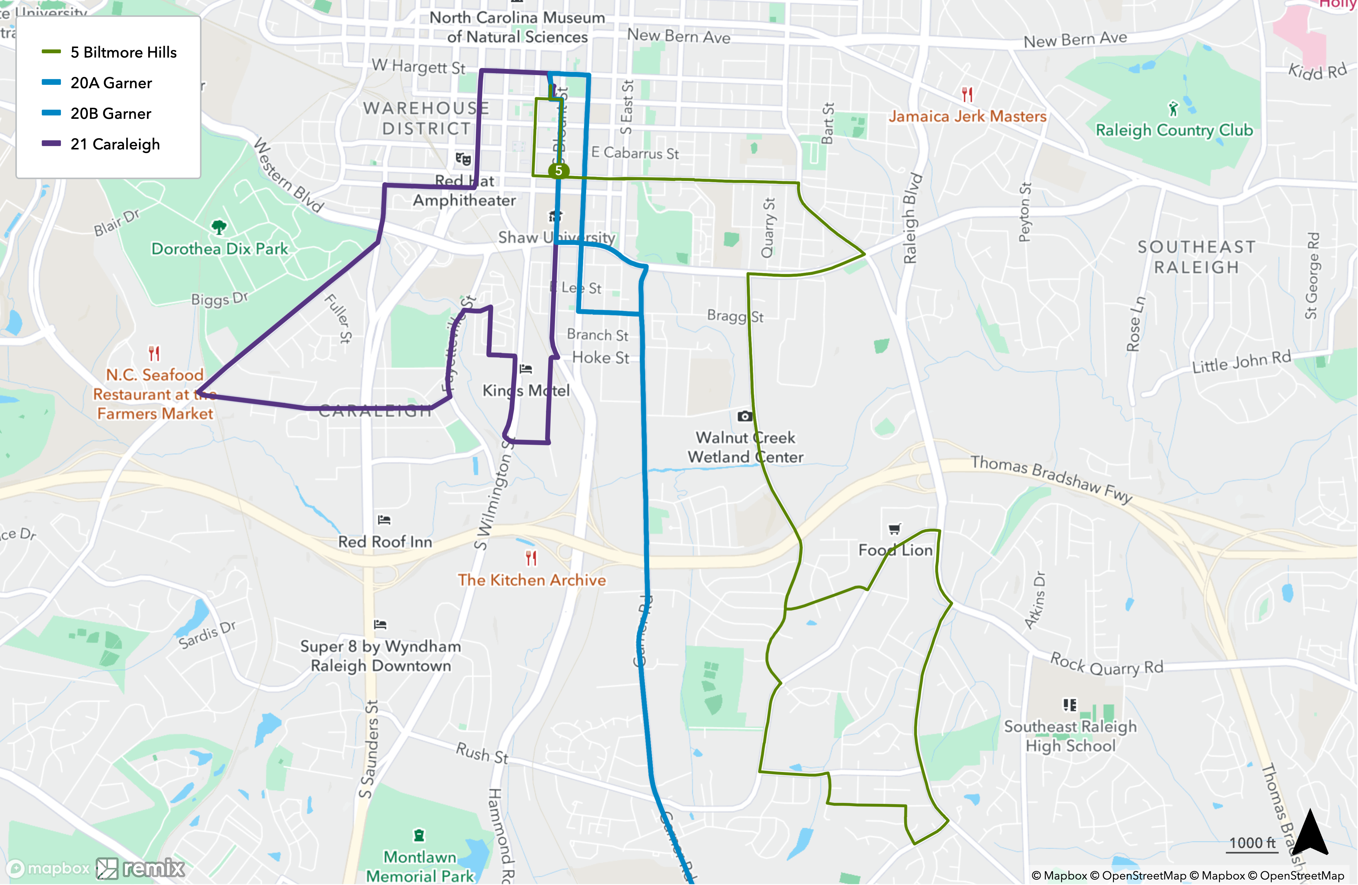 GoRaleigh Map showing Routes 5, 20 and 21