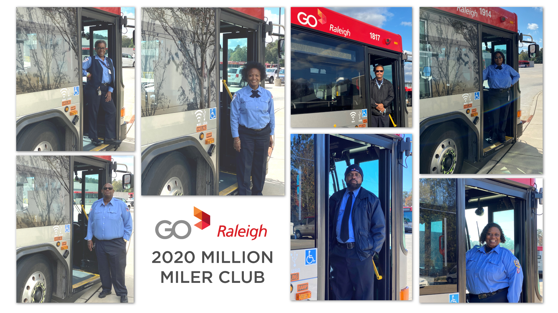 Collage of 7 men and women in GoRaleigh operator uniforms standing in front of a bus
